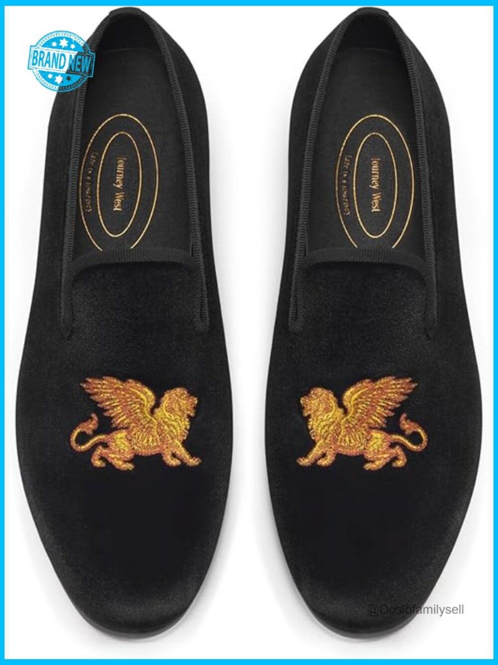 Men’s Black Velvet Loafers with Gold Embroidered Lion